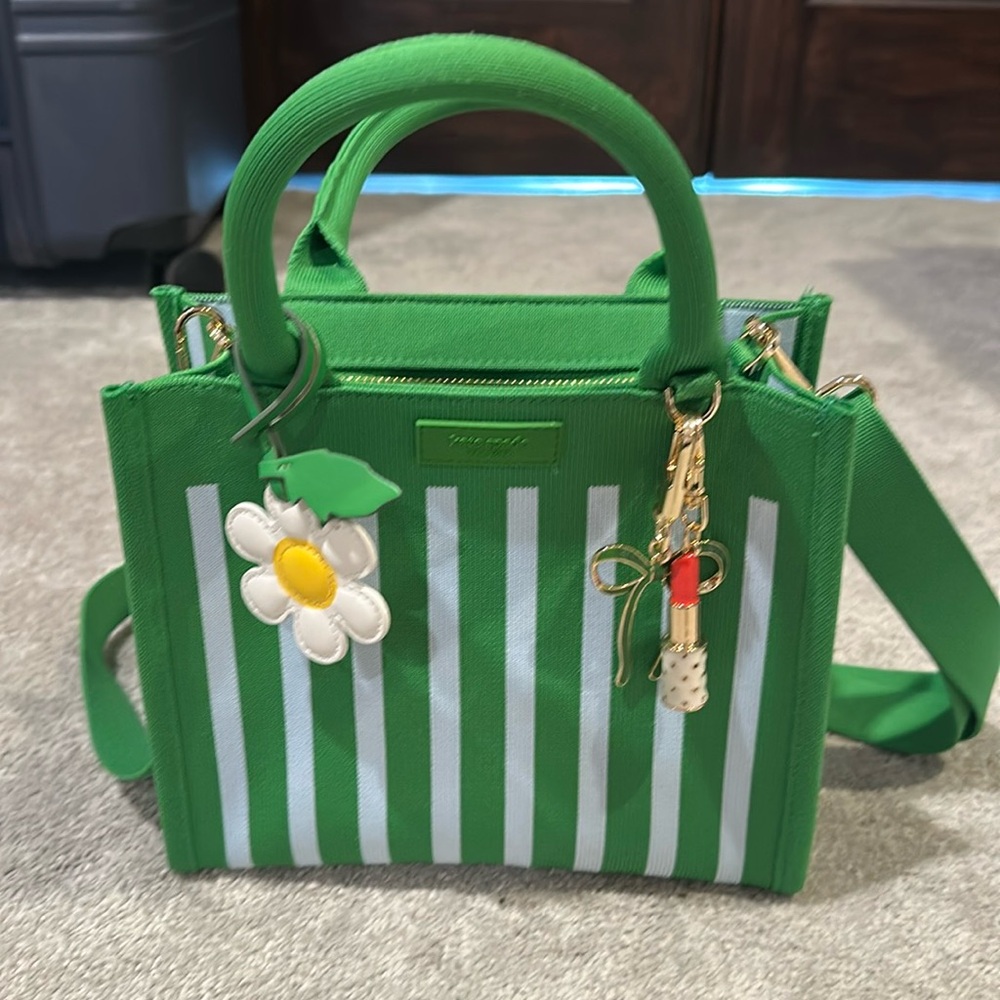 Kate Spade Target green stripe bag with 5 bag charms/keychains strawberry